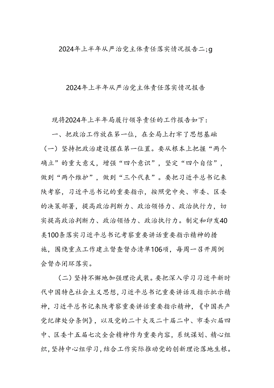 2024年上半年从严治党主体责任落实情况报告二篇.docx_第1页