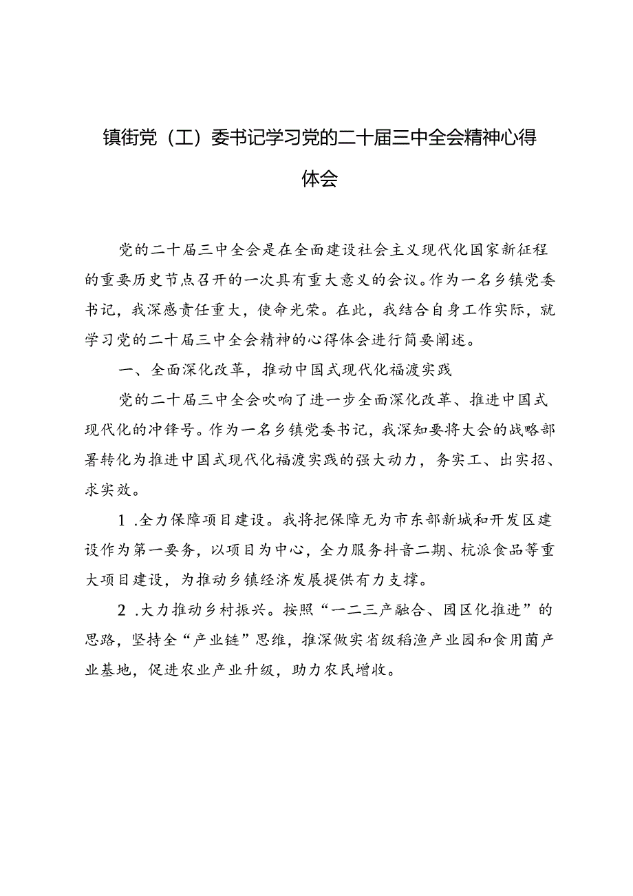 5篇 2024年镇街党（工）委书记学习党的二十届三中全会精神心得体会.docx_第1页