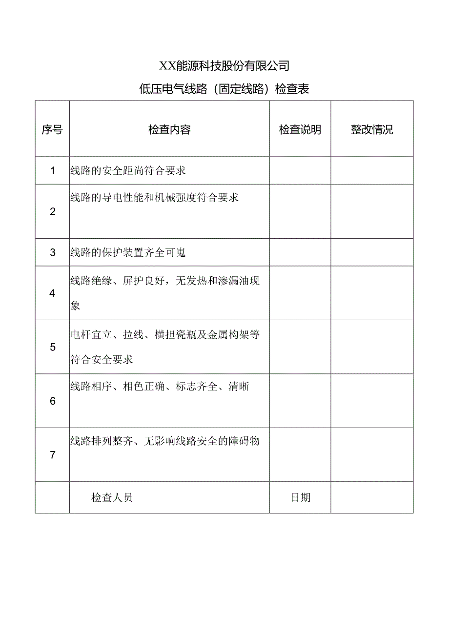 XX能源科技股份有限公司低压电气线路（固定线路）检查表（2024年）.docx_第1页