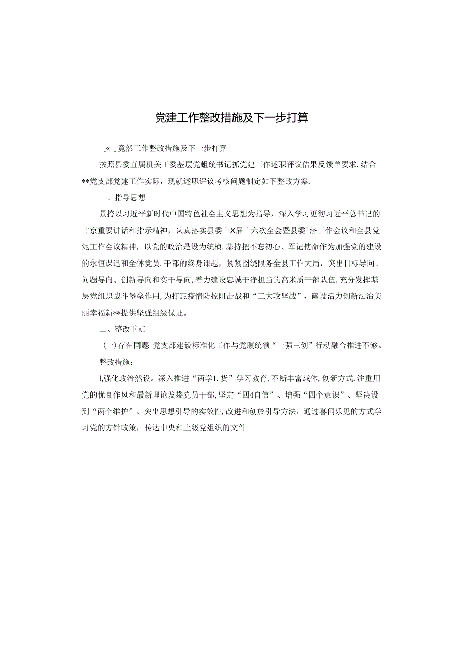 党建工作整改措施及下一步打算.docx_第1页