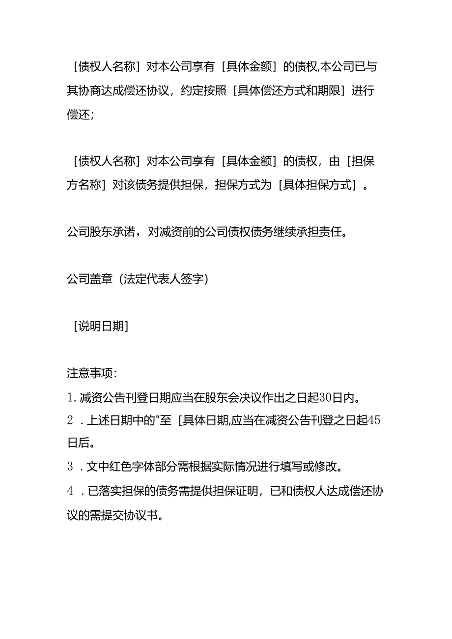 公司减资债务清偿及担保情况说明模板.docx_第2页