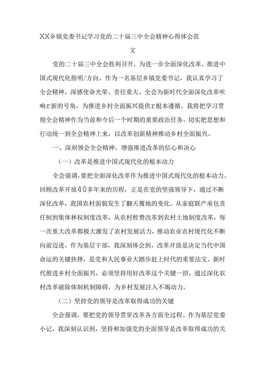 XX乡镇党委书记学习党的二十届三中全会精神心得体会范文.docx_第1页