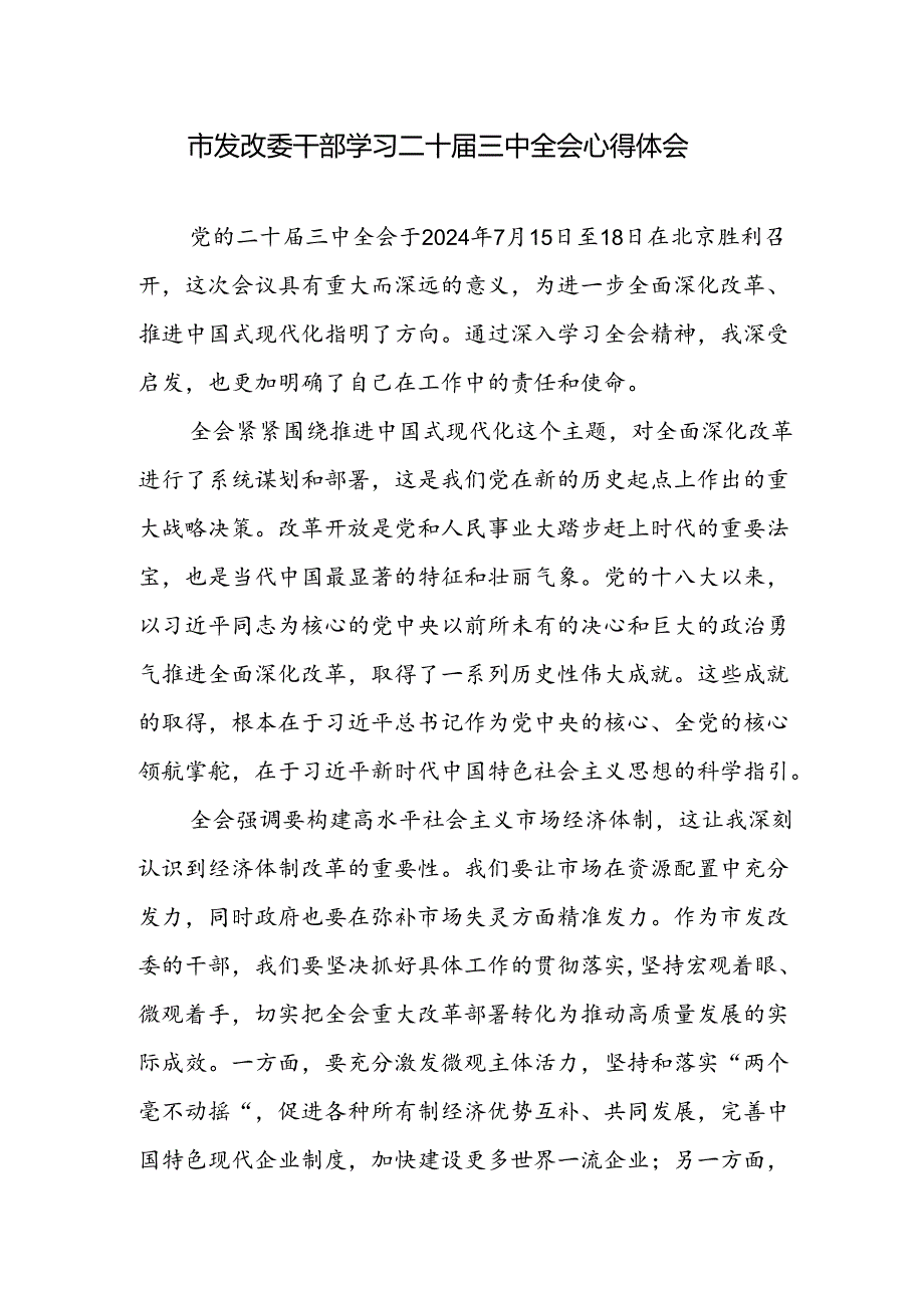 发改委领导干部学习党的二十届三中全会精神心得体会感想研讨发言.docx_第1页