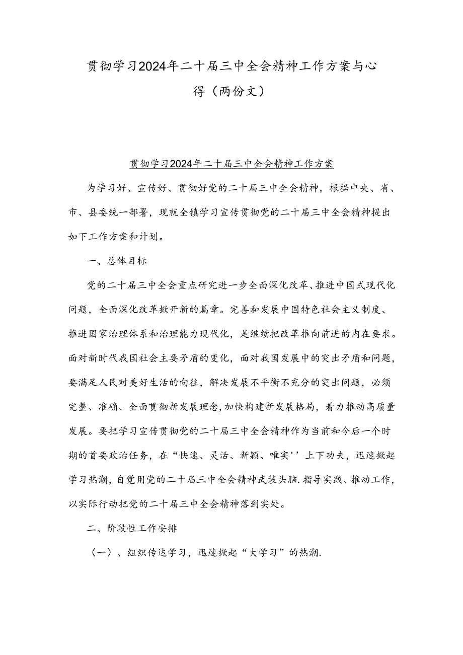 贯彻学习2024年二十届三中全会精神工作方案与心得（两份文）.docx_第1页