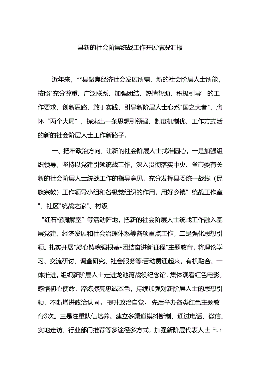 县新的社会阶层统战工作开展情况汇报总结.docx_第1页