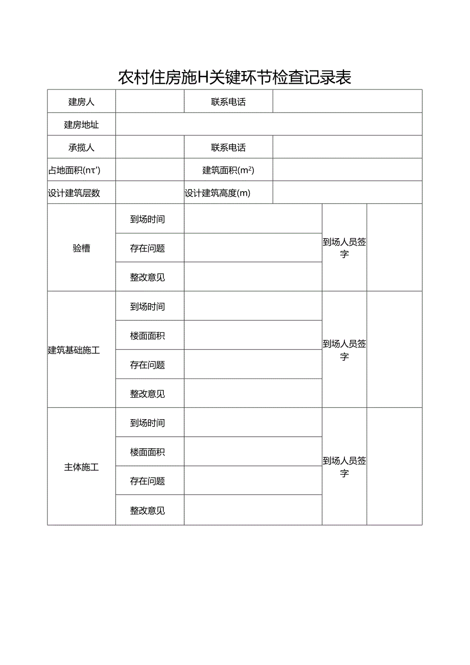 2024《农村住房施工关键环节检查记录表》（模板空白表）.docx_第1页