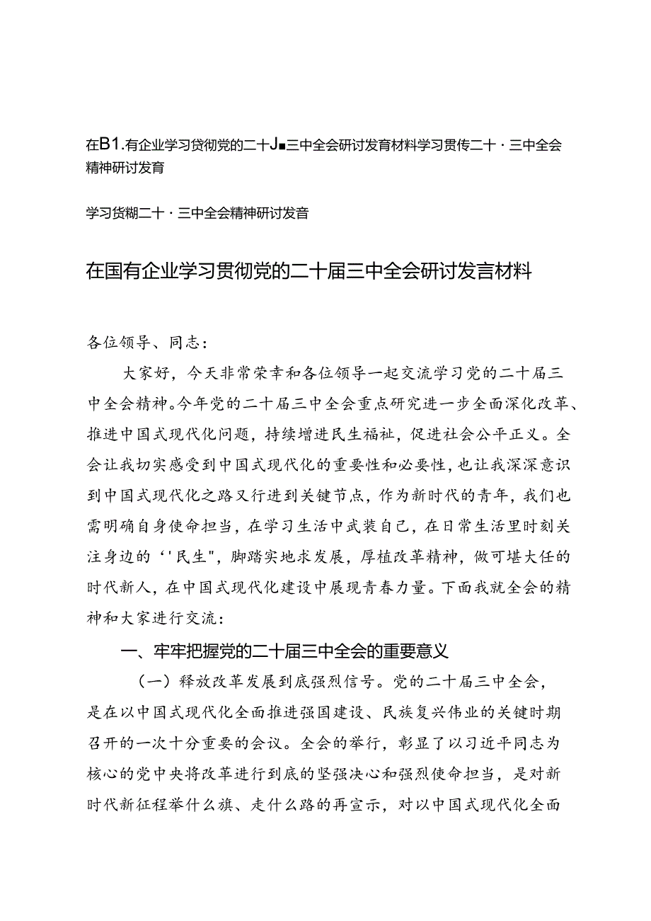 3篇 2024年在国有企业学习贯彻党的二十届三中全会研讨发言材料研讨发言材料.docx_第1页