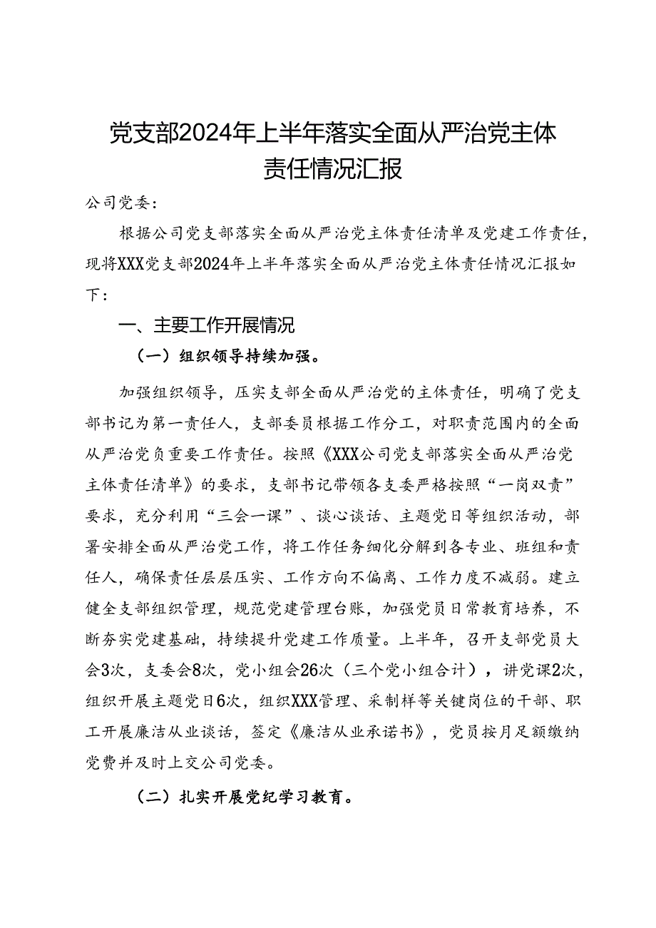 公司党支部2024年上半年落实全面从严治党主体责任情况汇报.docx_第1页