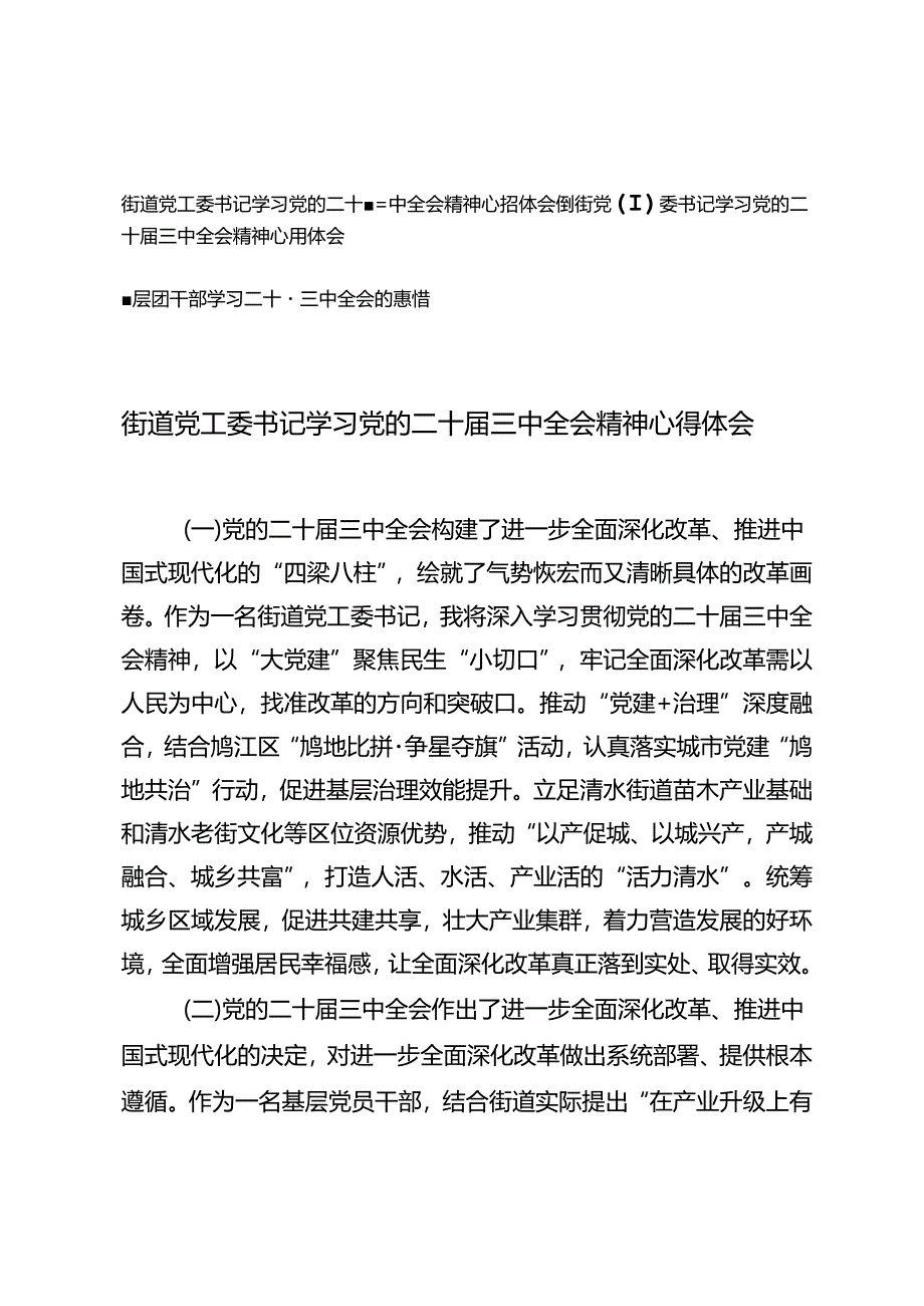 （简短版）街道党工委书记、基层团干部学习党的二十届三中全会精神心得体会.docx_第1页