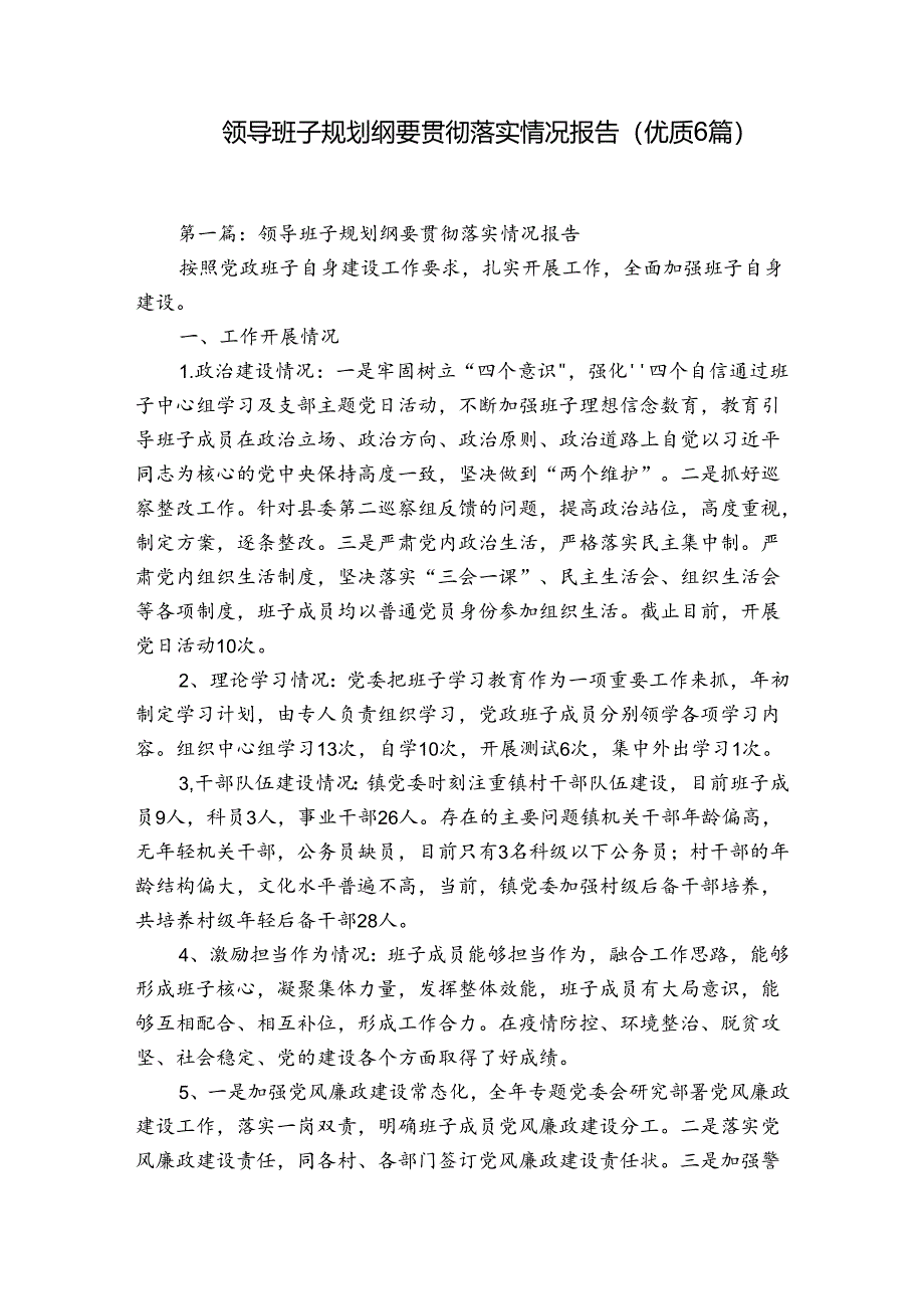 领导班子规划纲要贯彻落实情况报告(优质6篇).docx_第1页