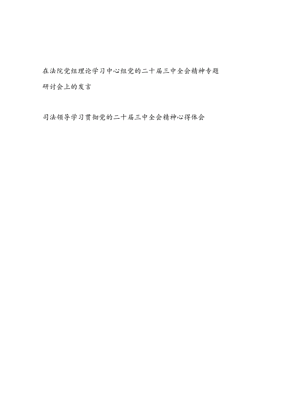 在法院党组理论学习中心组党的二十届三中全会精神专题研讨会上的发言和司法干部学习贯彻党的二十届三中全会精神心得体会.docx_第1页