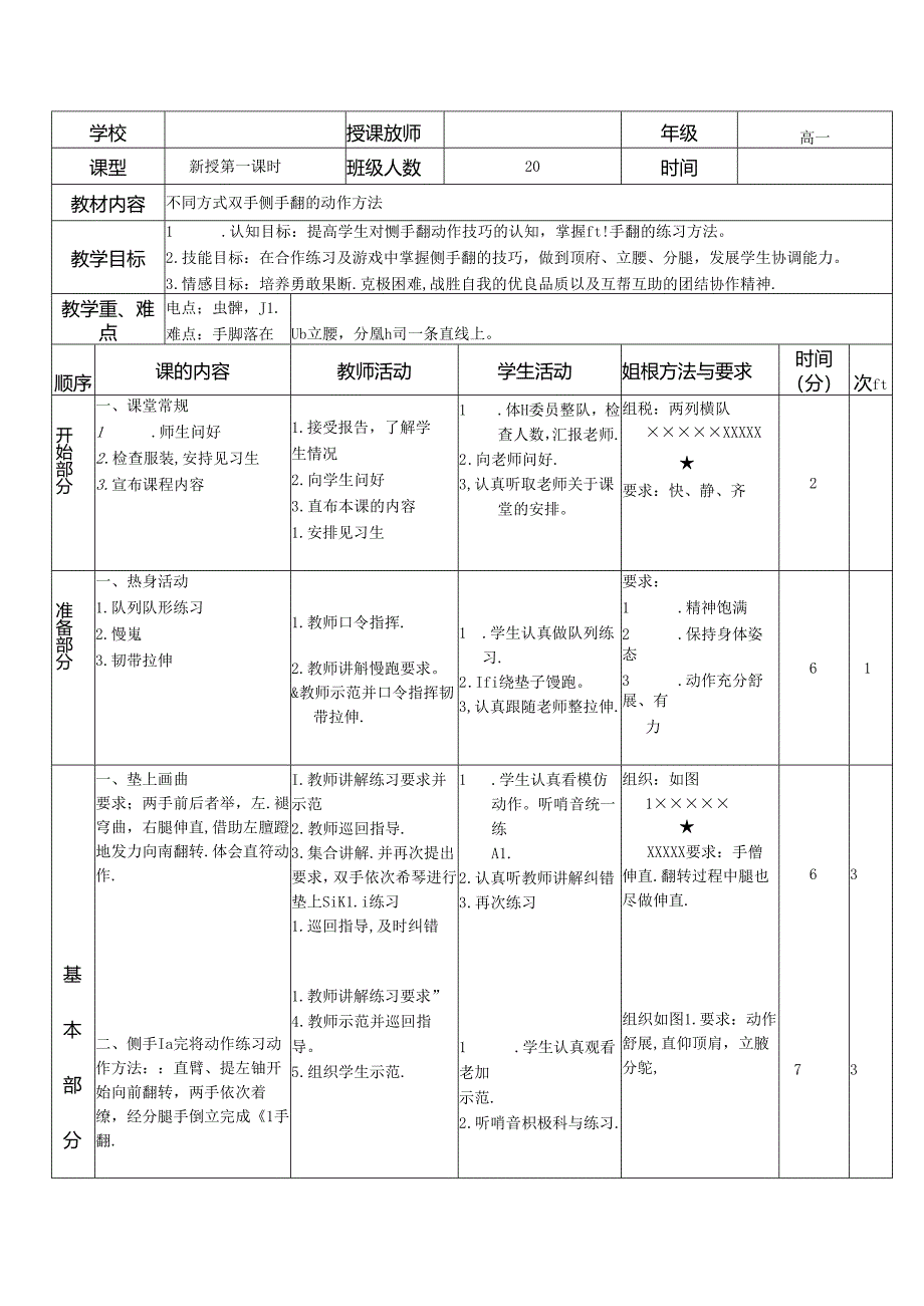 《体操技巧——侧手翻》教学设计4.docx_第1页