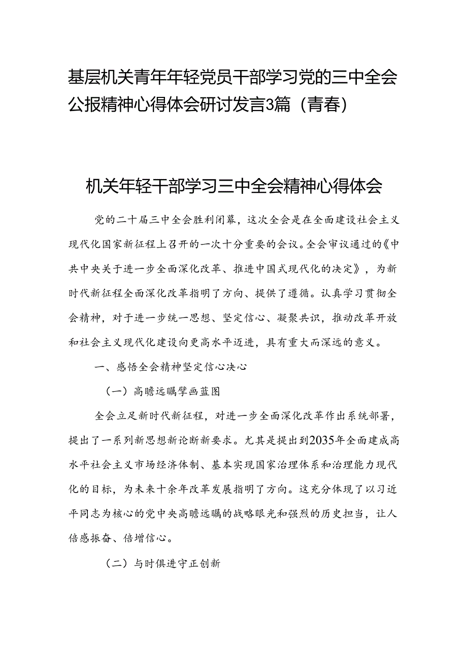 基层机关青年年轻党员干部学习党的三中全会公报精神心得体会研讨发言3篇（青春）.docx_第1页