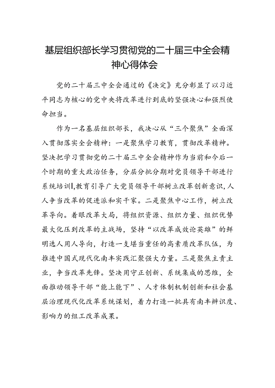 基层组织部长学习贯彻党的二十届三中全会精神心得体会.docx_第1页