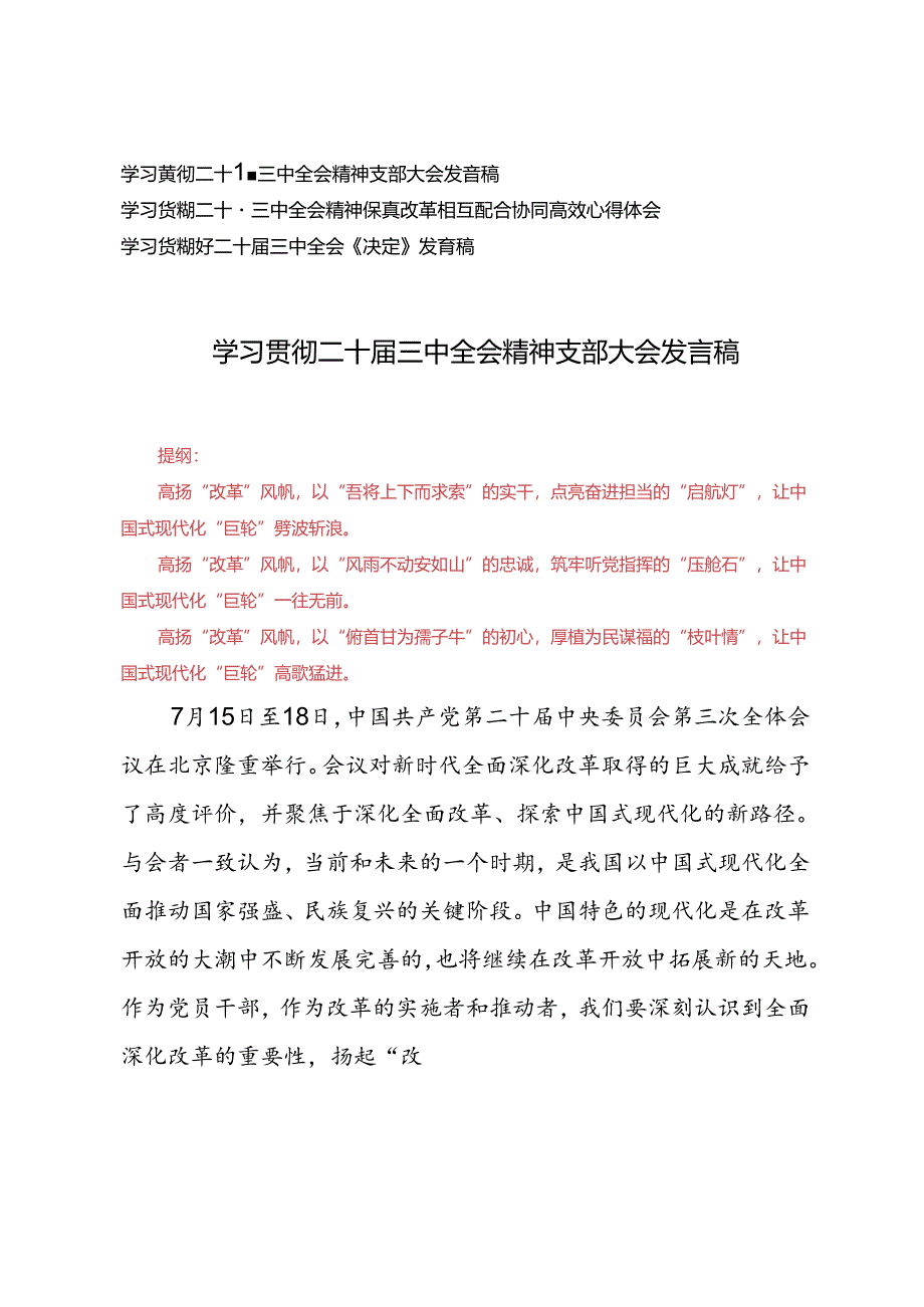 3篇 2024年学习贯彻二十届三中全会精神支部大会发言稿+二十届三中全会《决定》发言稿.docx_第1页