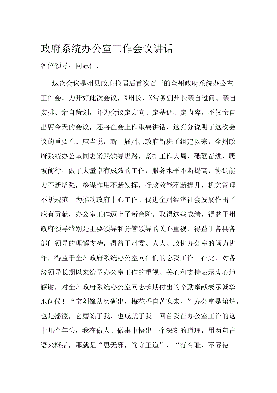 政府系统办公室工作会议讲话.docx_第1页