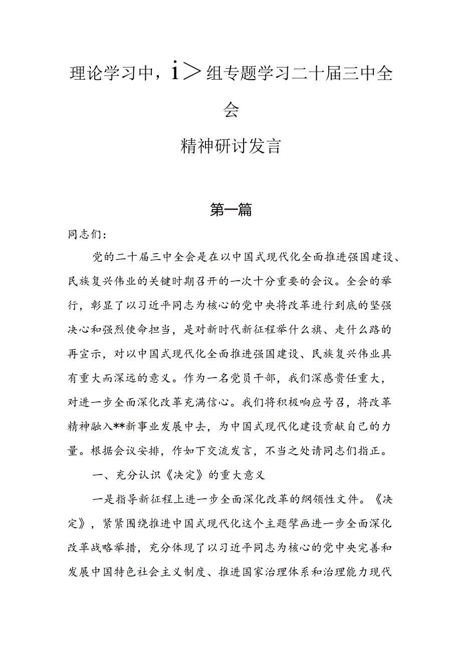 （10篇）理论学习中心组专题学习二十届三中全会精神研讨发言.docx_第1页