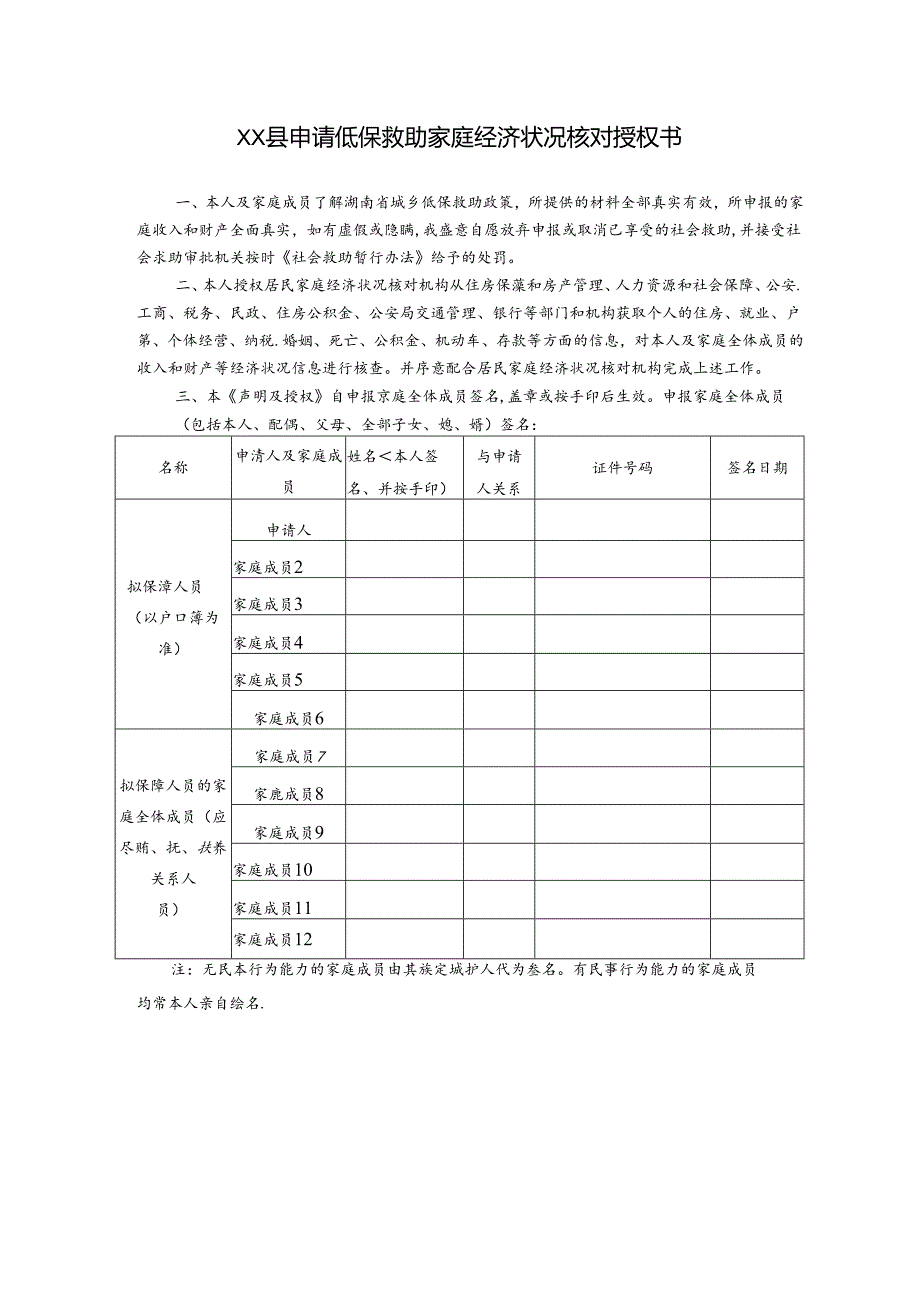 低保救助家庭经济状况核对授权书模板.docx_第1页