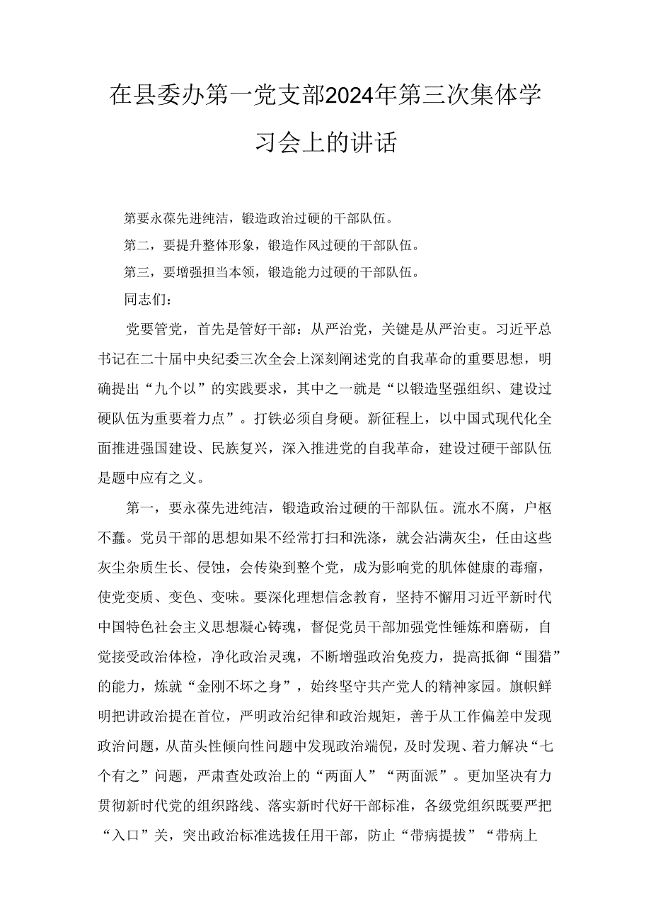 在县委办第一党支部2024年第三次集体学习会上的讲话2篇.docx_第1页