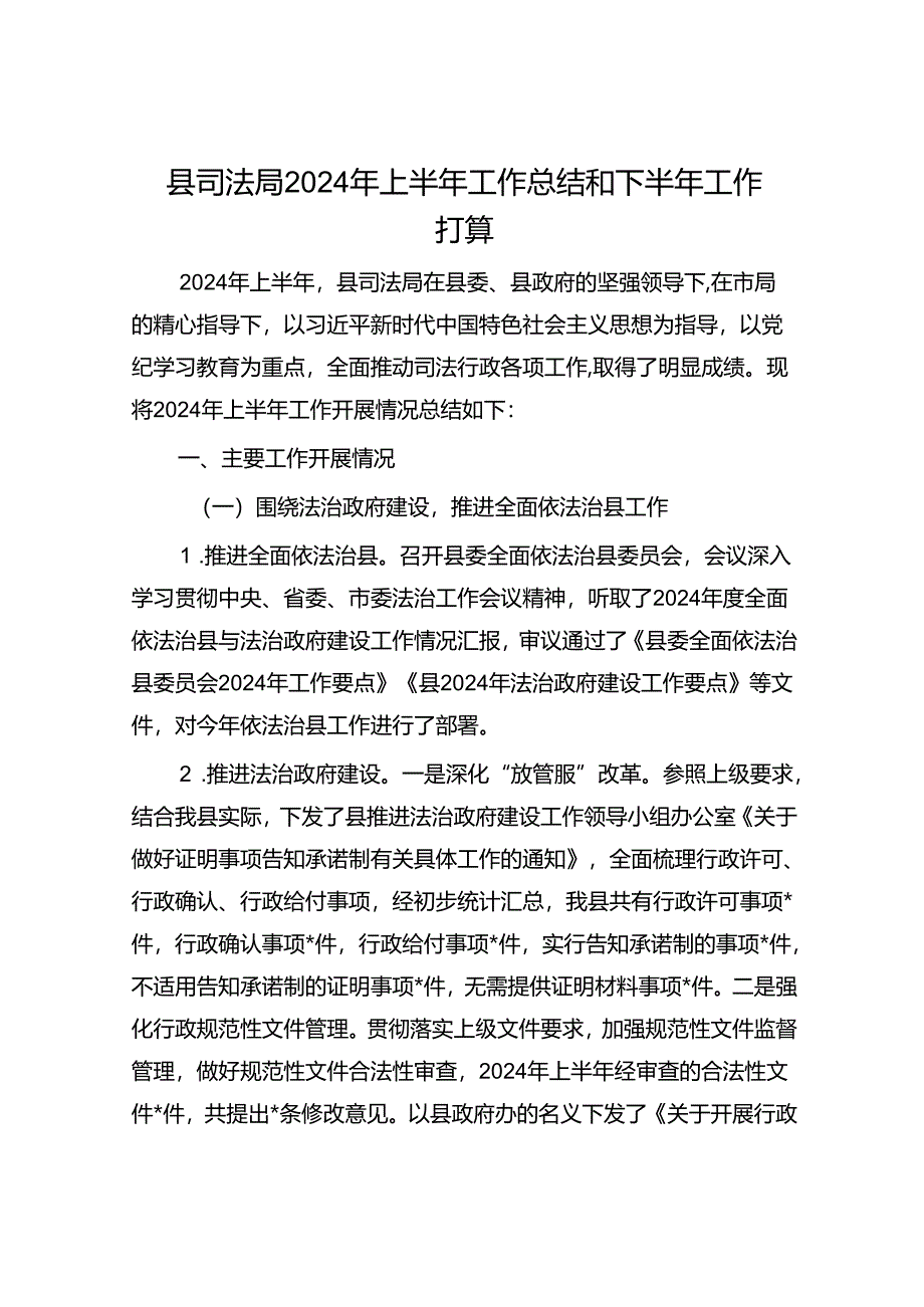 县司法局2024年上半年工作总结和下半年工作打算.docx_第1页