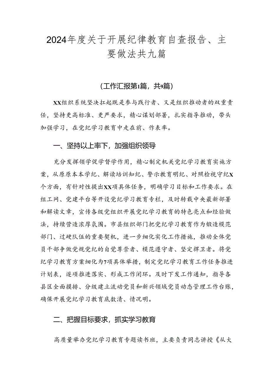 2024年度关于开展纪律教育自查报告、主要做法共九篇.docx_第1页