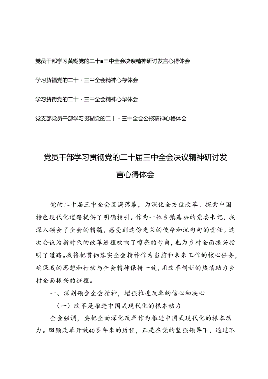 4篇 党支部党员干部学习贯彻党的二十届三中全会决议精神研讨发言心得体会.docx_第1页