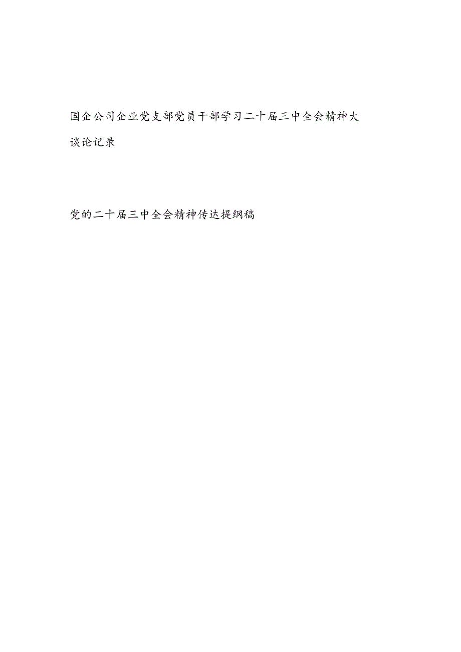 国企公司企业党支部党员干部学习二十届三中全会精神大讨论记录.docx_第1页