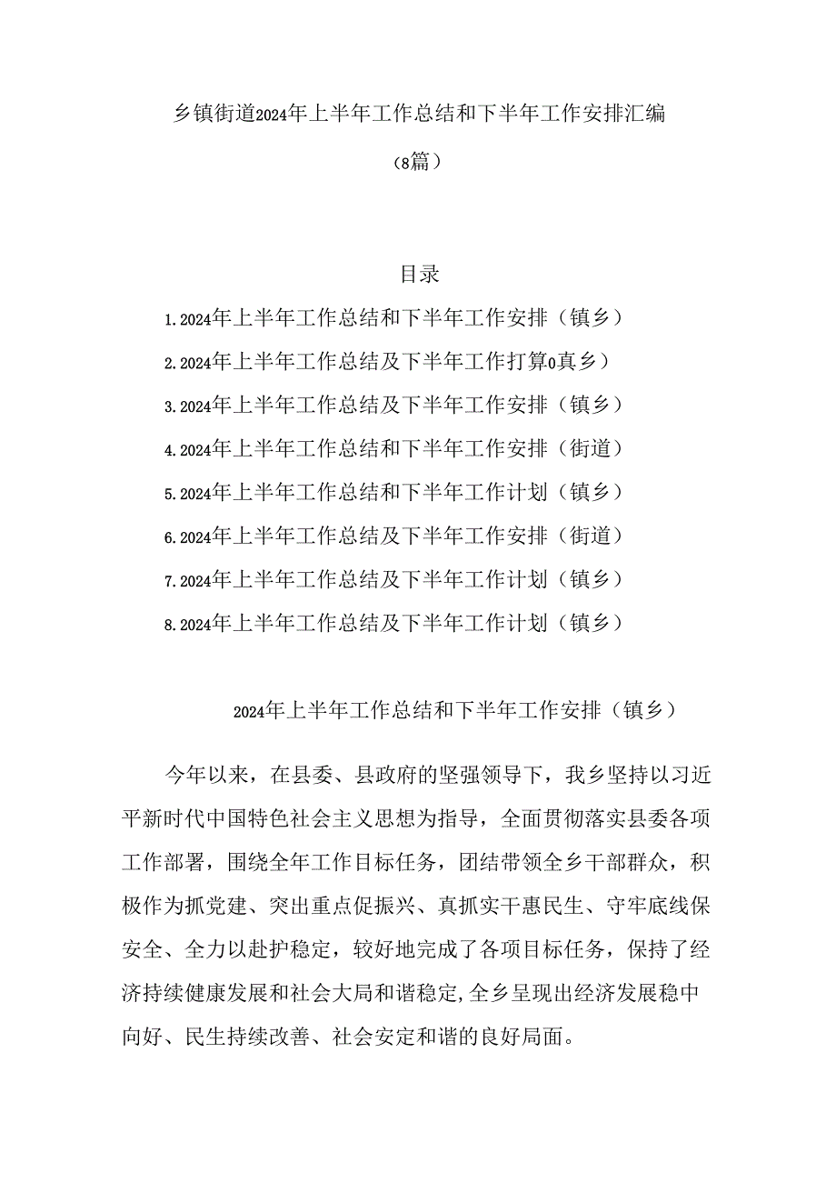 （8篇）乡镇街道2024年上半年工作总结和下半年工作安排汇编.docx_第1页