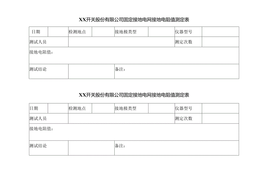 XX开关股份有限公司固定接地电网接地电阻值测定表（2024年）.docx_第1页