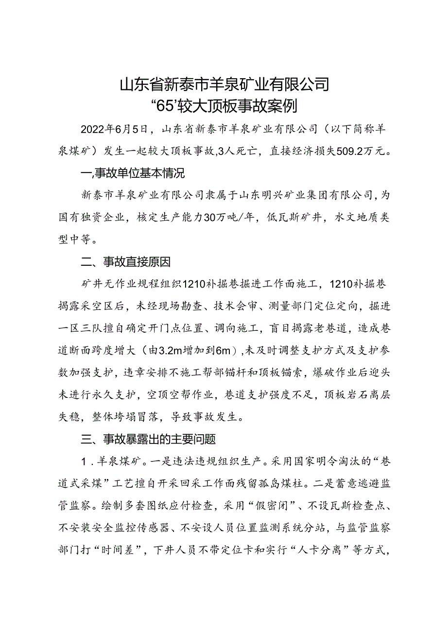 2022.12山东省新泰市羊泉矿业有限公司“6·5”较大顶板事故案例.docx_第1页