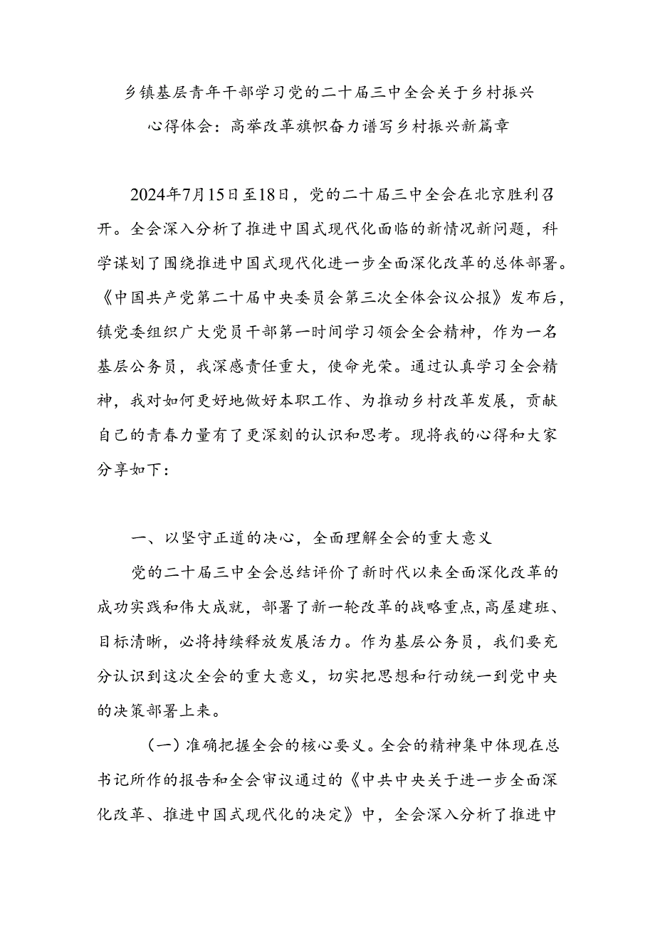 乡镇基层青年干部学习党的二十届三中全会精神关于乡村振兴心得体会研讨发言.docx_第1页