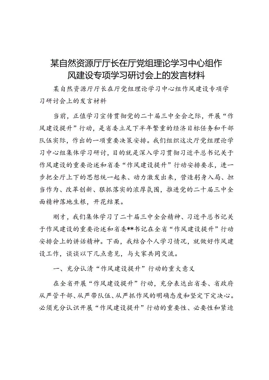 某自然资源厅厅长在厅党组理论学习中心组作风建设专题学习研讨会上的发言材料.docx_第1页