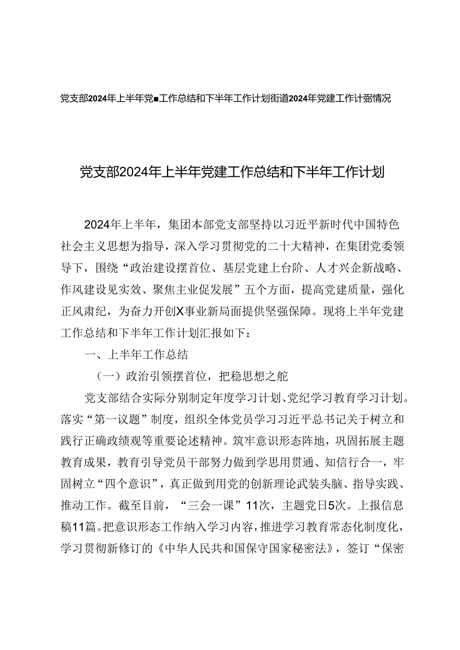 2篇 党支部2024年上半年党建工作总结和下半年工作计划+街道2024年党建工作计划情况.docx_第1页