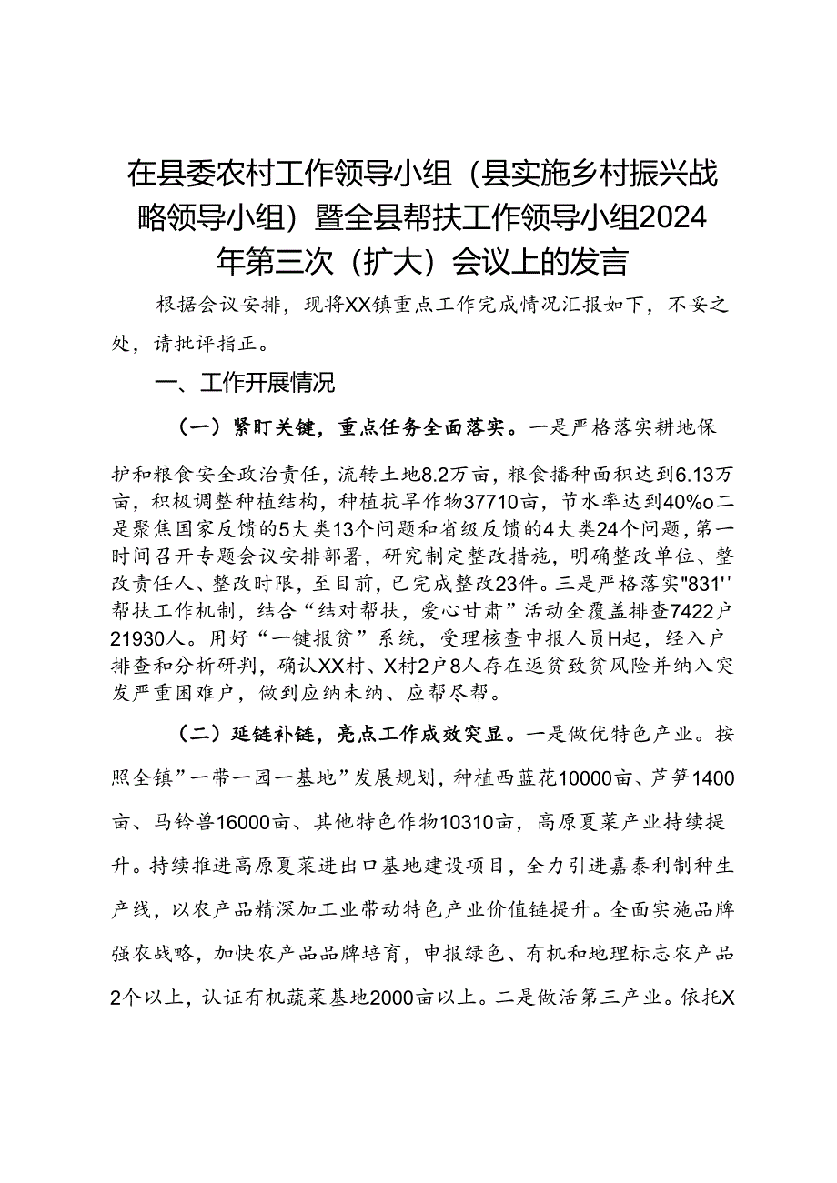 在县委农村工作领导小组（县实施乡村振兴战略领导小组）暨全县帮扶工作领导小组2024年第三次（扩大）会议上的发言.docx_第1页