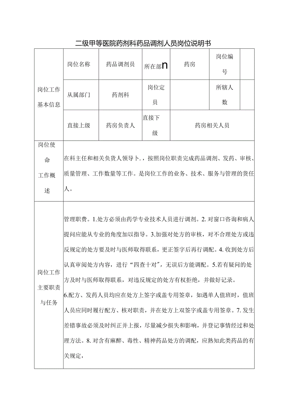 二级甲等医院药剂科药品调剂人员岗位说明书.docx_第1页