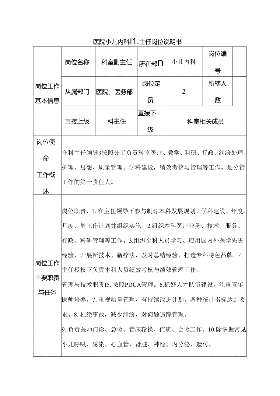 医院小儿内科副主任岗位说明书.docx_第1页