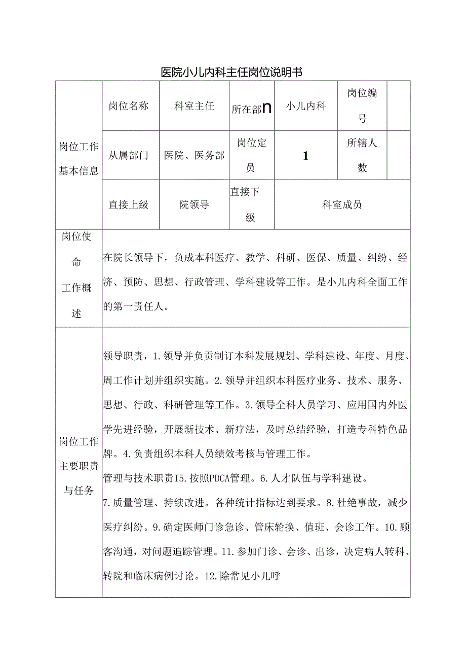 医院小儿内科主任岗位说明书.docx_第1页