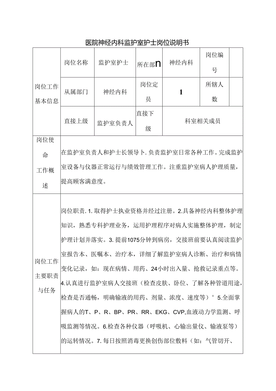 医院神经内科监护室护士岗位说明书.docx_第1页