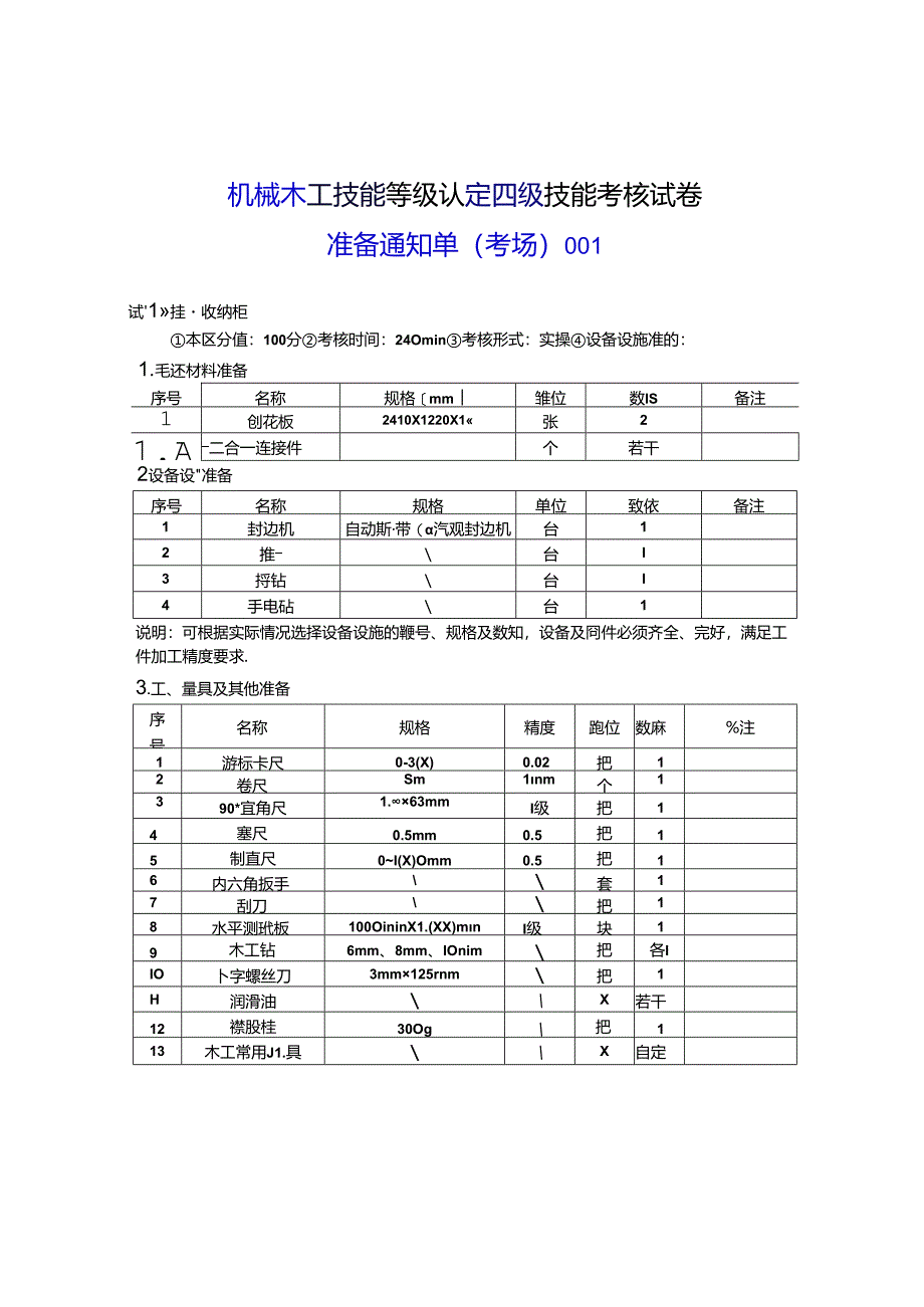 2024年山东省职业技能等级认定试卷 真题 机械木工 中级考场、考生准备通知单 ().docx_第1页