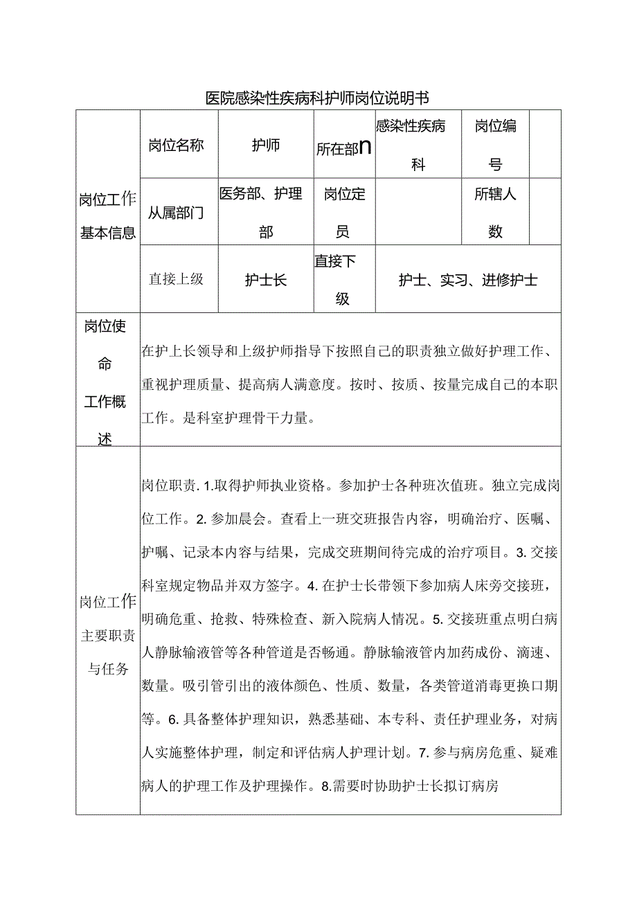 医院感染性疾病科护师岗位说明书.docx_第1页