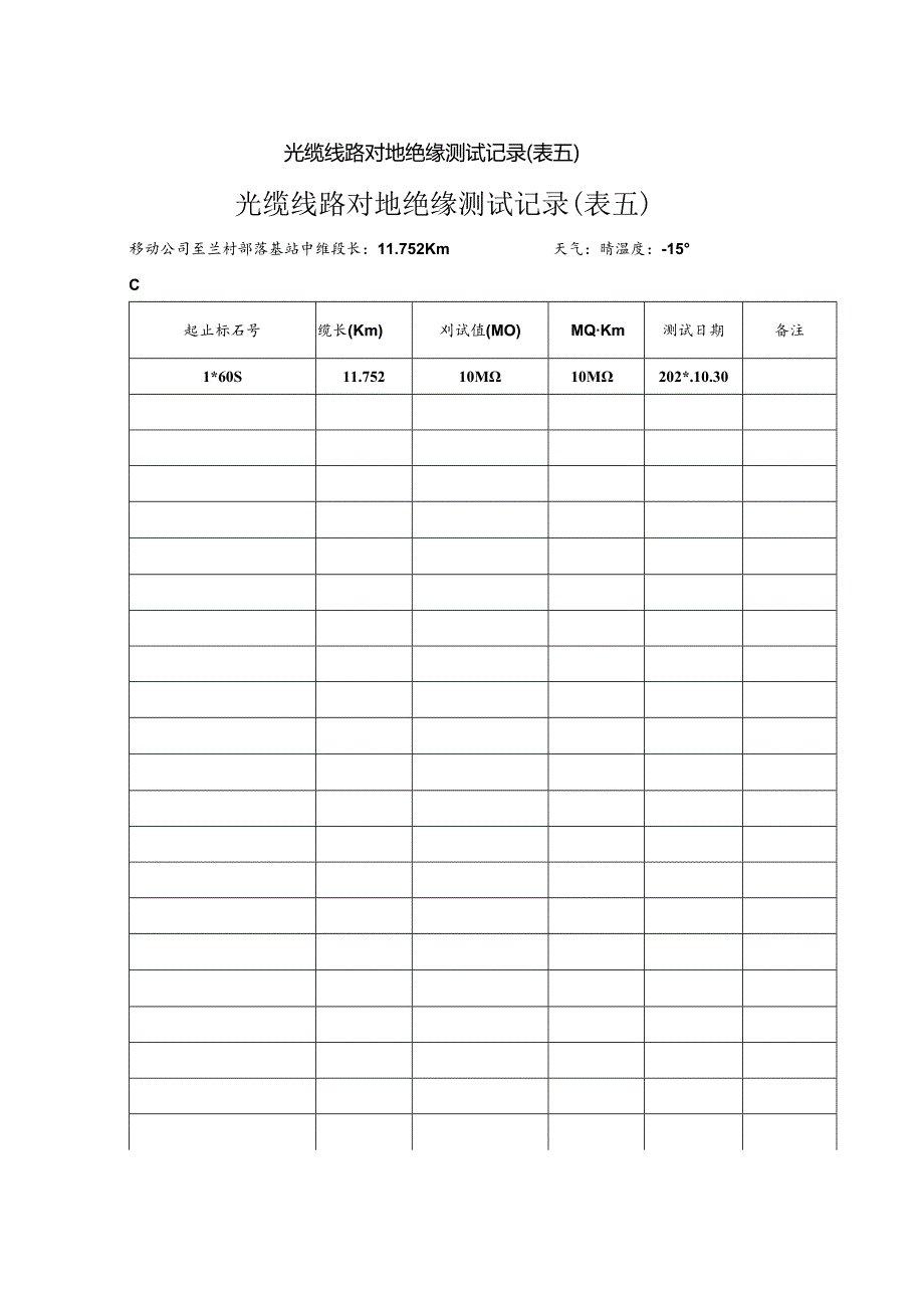 光缆线路对地绝缘测试记录（表五）.docx_第1页