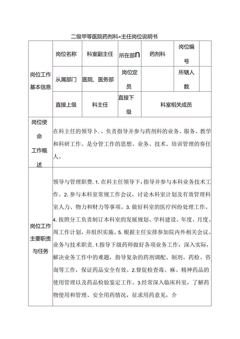 二级甲等医院药剂科副主任岗位说明书.docx_第1页