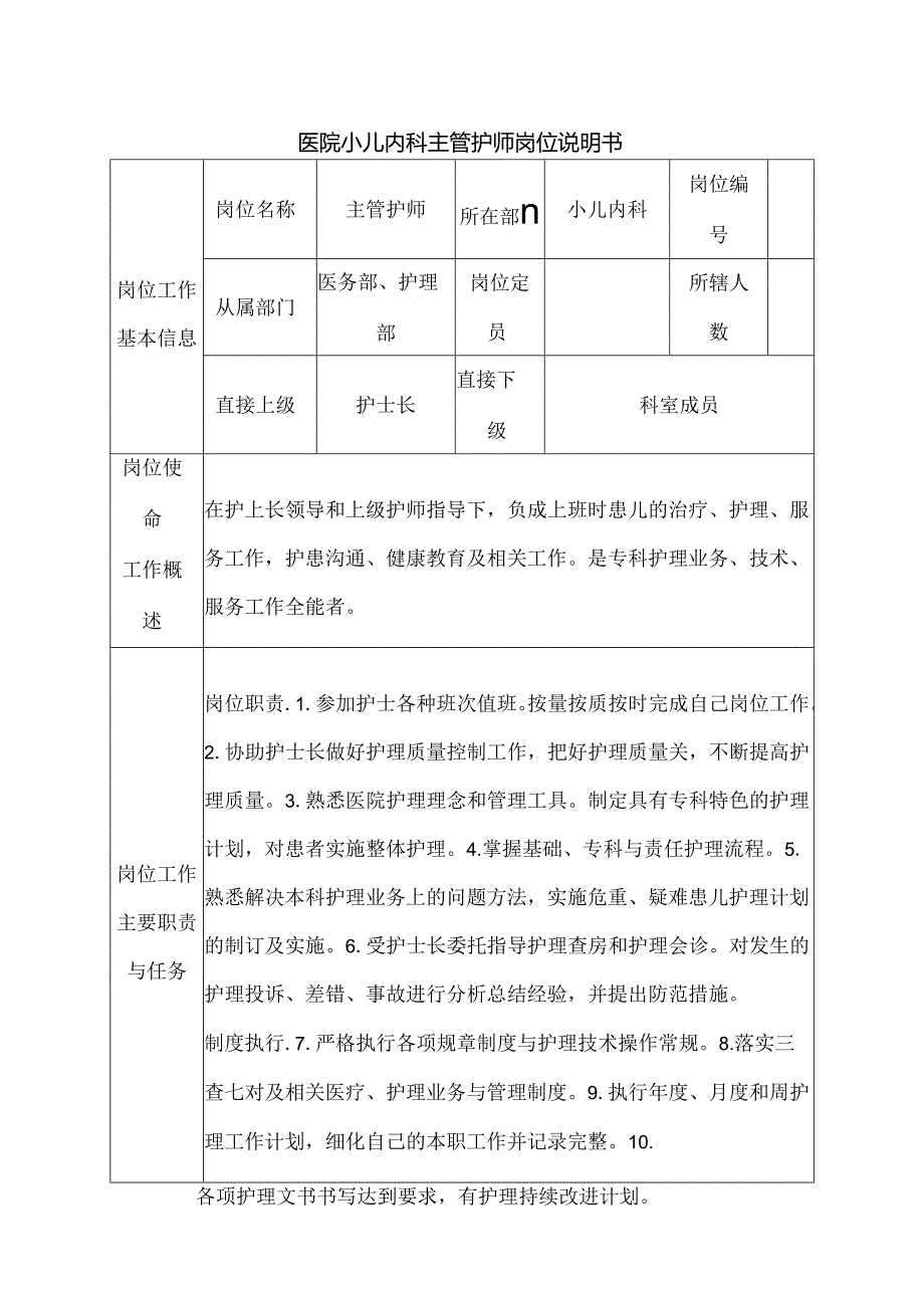 医院小儿内科主管护师岗位说明书.docx_第1页