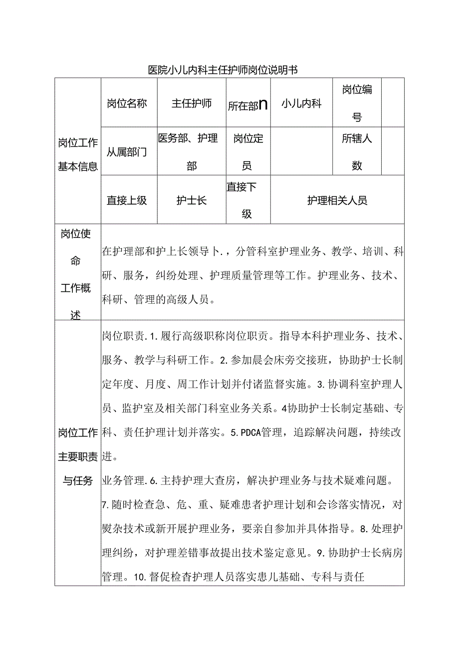 医院小儿内科主任护师岗位说明书.docx_第1页