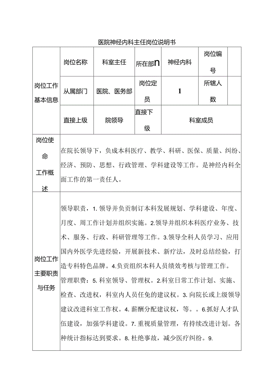 医院神经内科主任岗位说明书.docx_第1页