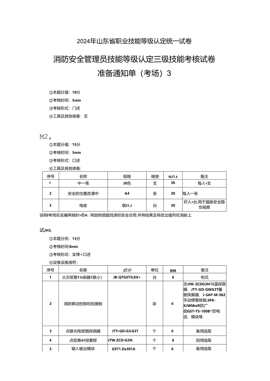 2024年山东省职业技能等级认定试卷 真题 消防安全管理员三级技能考核试卷3--考场、考生准备通知单3.docx_第1页