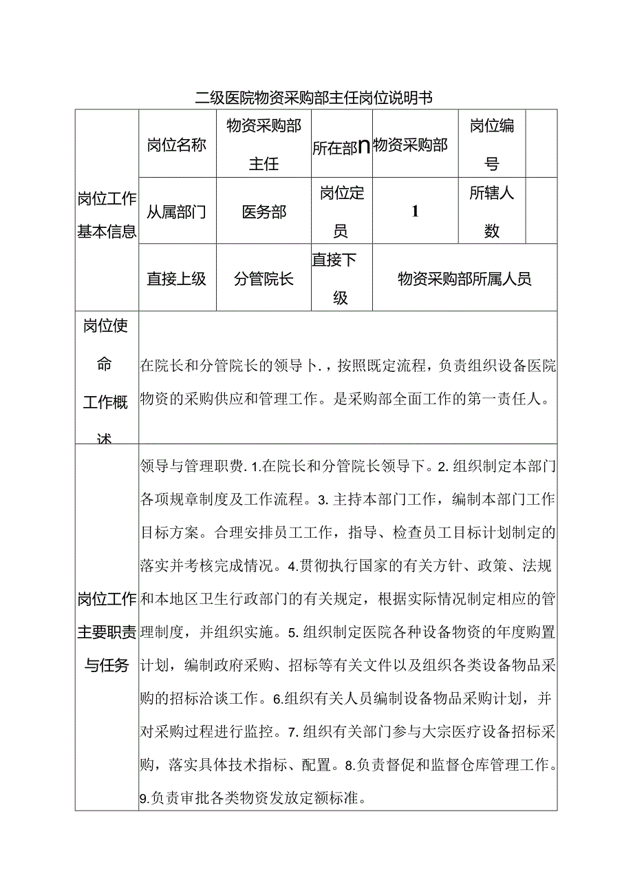 二级医院物资采购部主任岗位说明书.docx_第1页