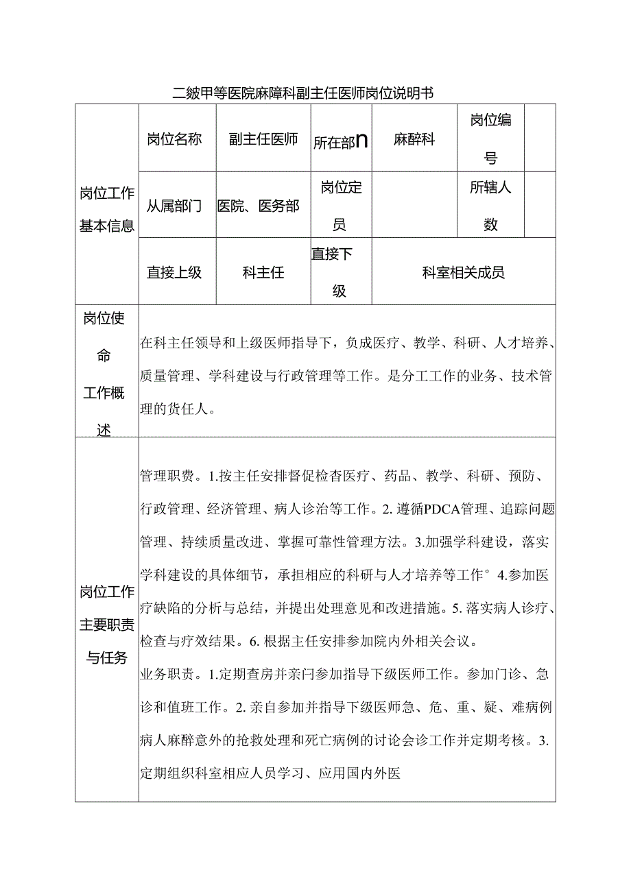 二级甲等医院麻醉科副主任医师岗位说明书.docx_第1页