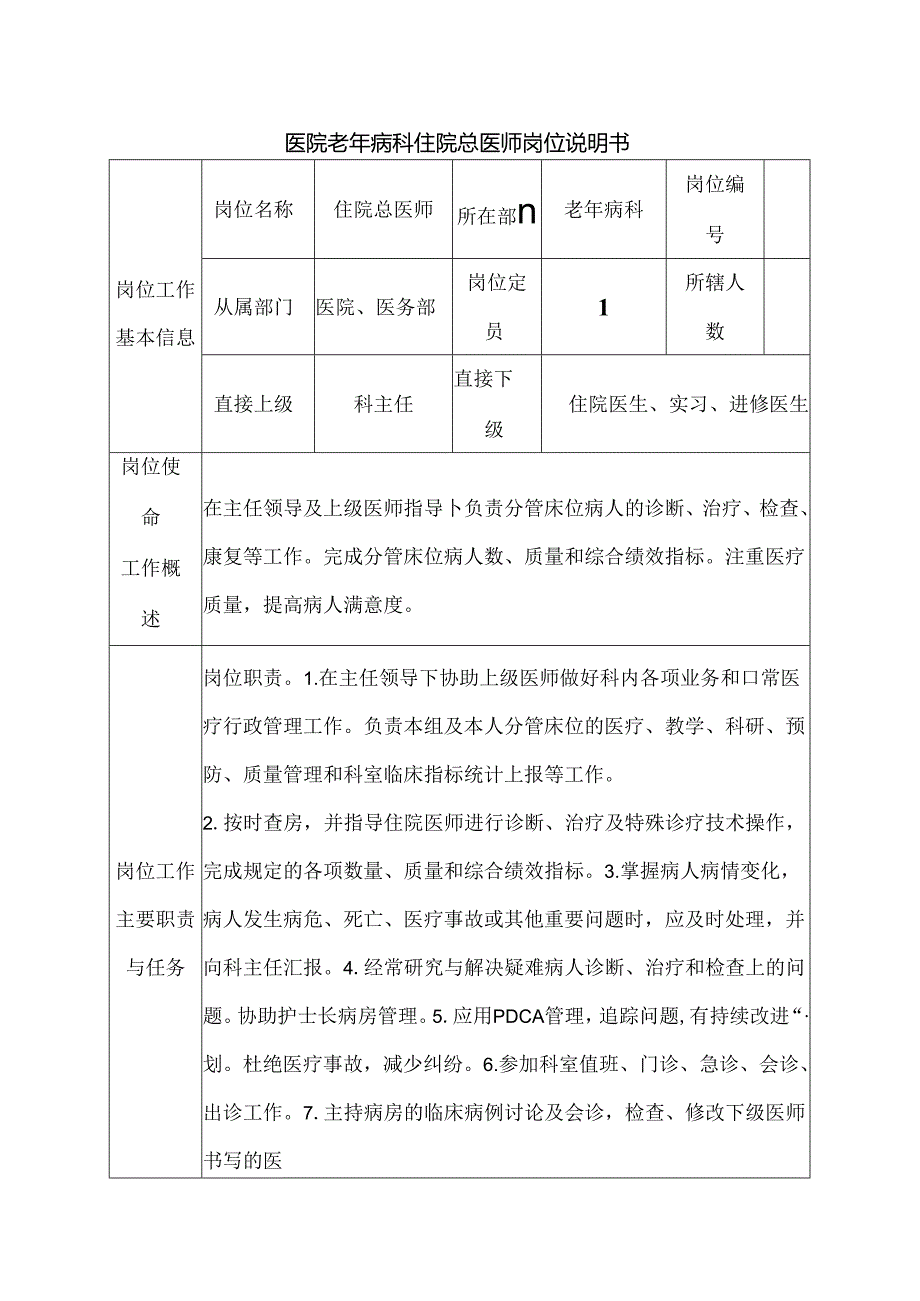 医院老年病科住院总医师岗位说明书.docx_第1页