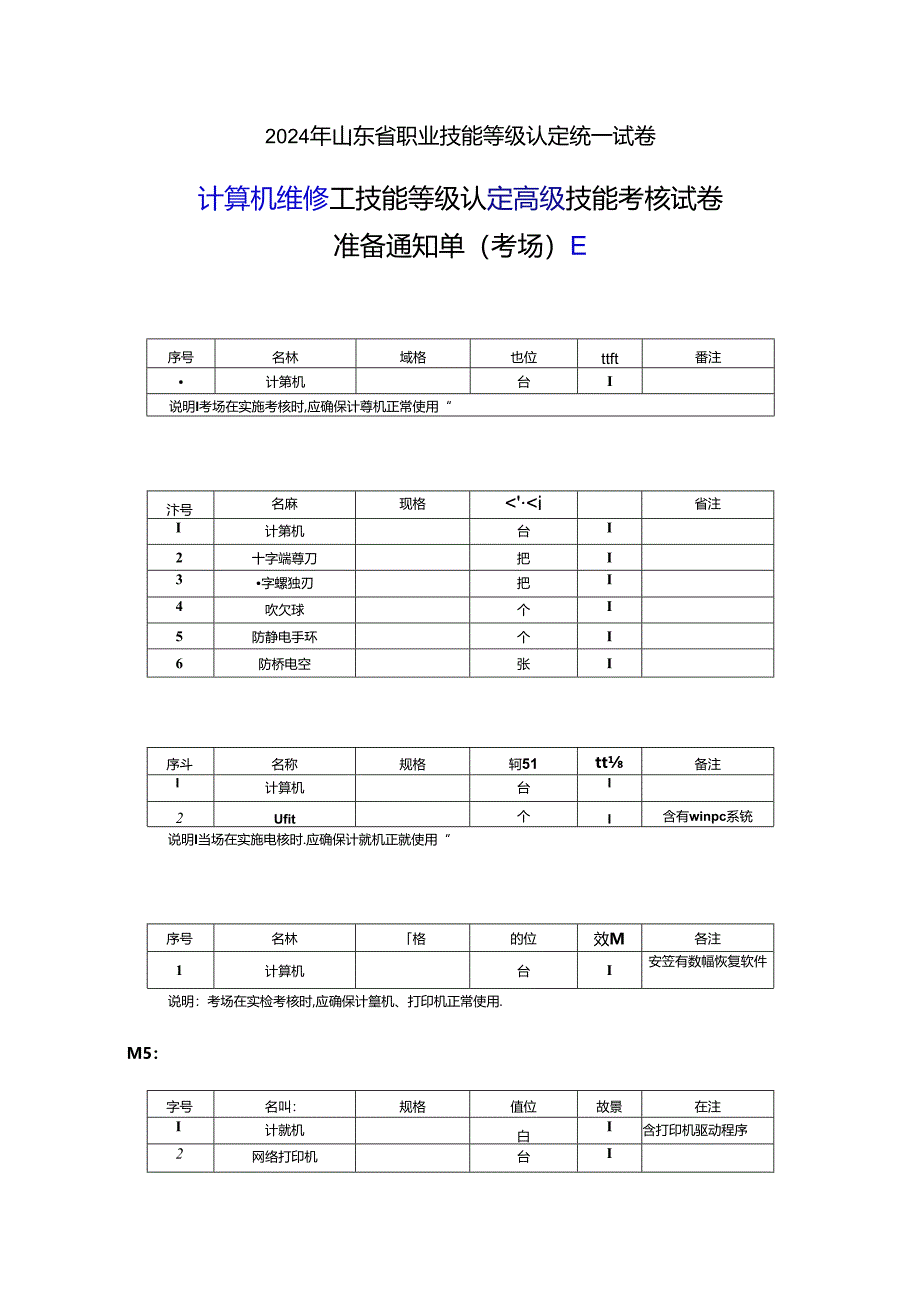 2024年山东省职业技能等级认定试卷 真题 计算机维修工高级实操考场、考生准备通知单E.docx_第1页